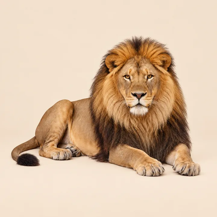 Лев с густой гривой лежит, подняв голову